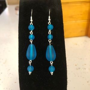 Handmade Sterling Silver - 925, Aqua Blue Cultured Sea Glass Earrings